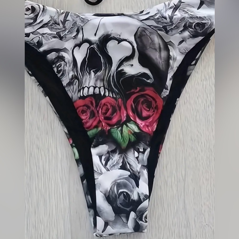 Skull Roses Triangle Halter Side Tie Bikini Set - Picture 8 of 11